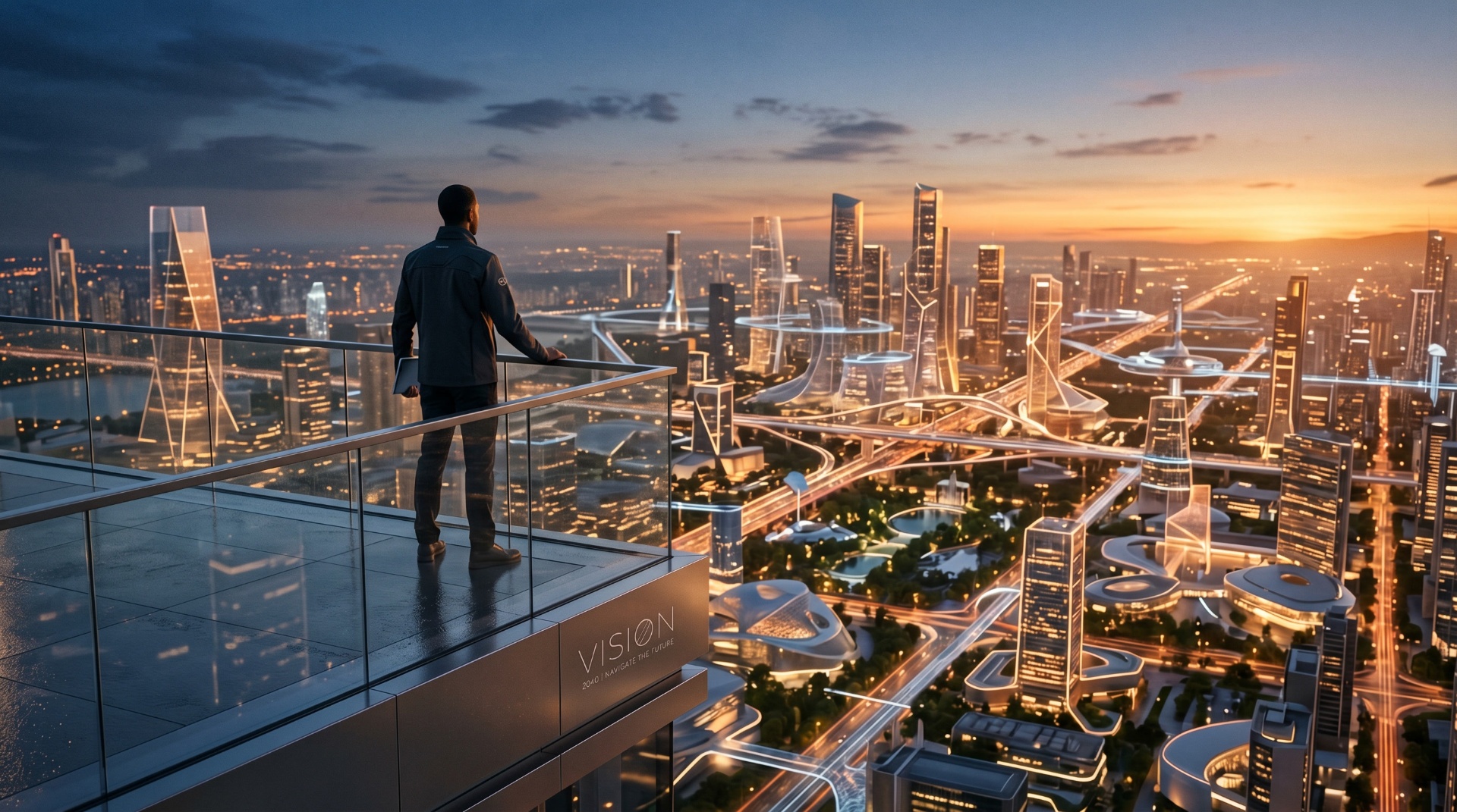 Lone figure overlooking a futuristic AI-powered cityscape at sunset