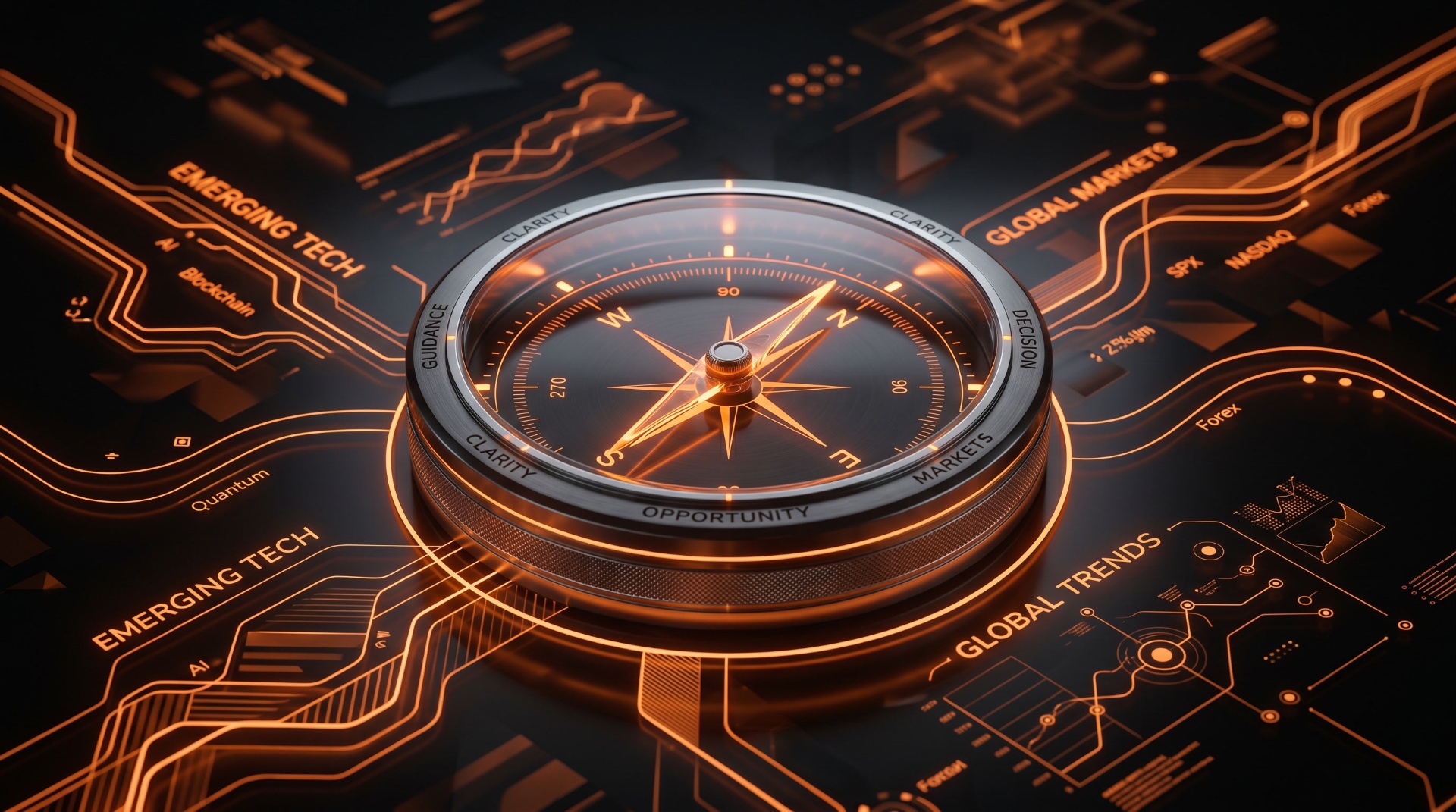 Compass overlaid on a futuristic financial circuit board — guidance through emerging tech and global markets