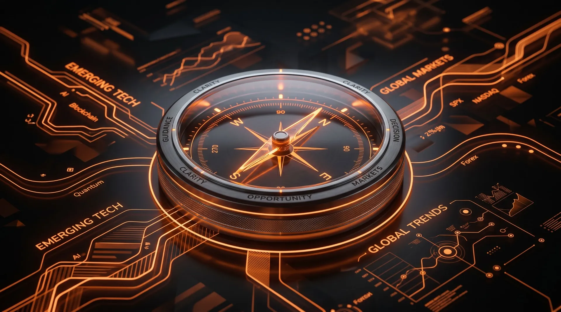 Compass overlaid on a futuristic financial circuit board — guidance through emerging tech and global markets