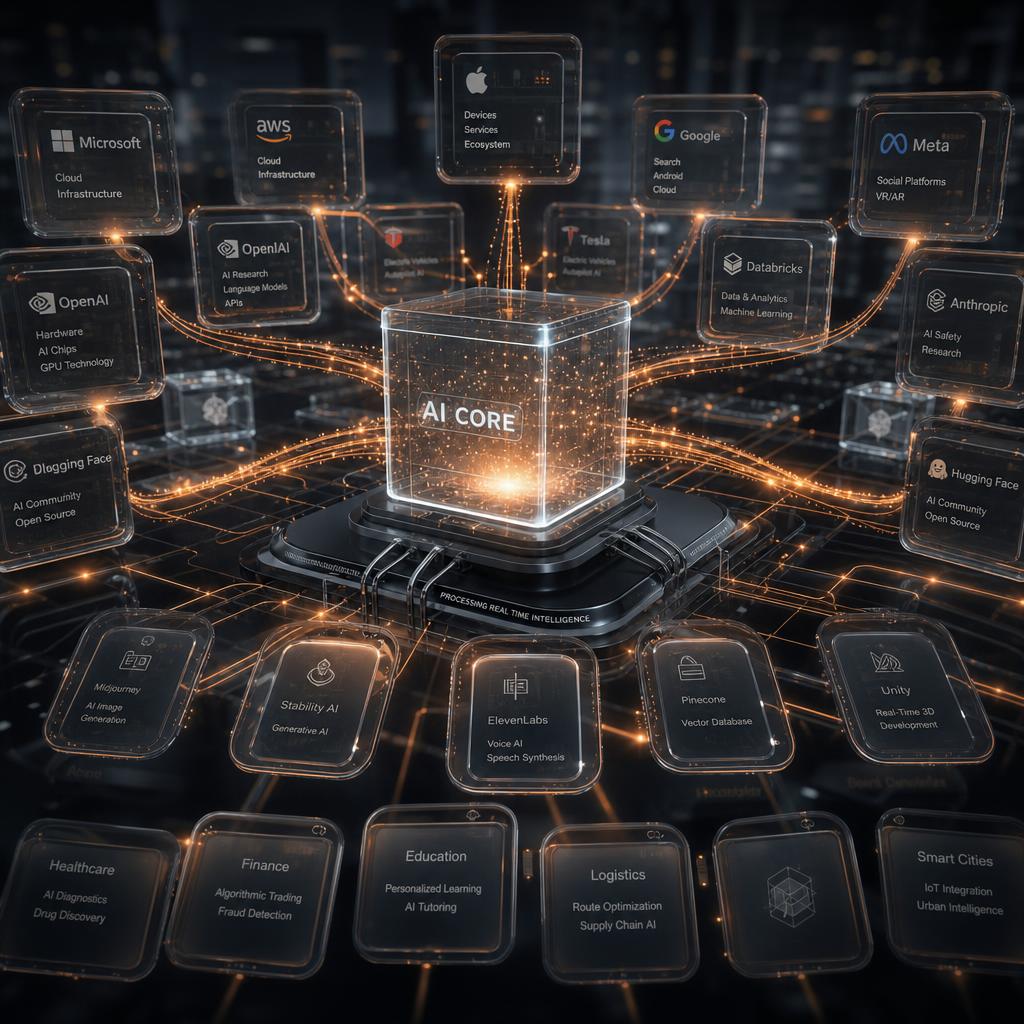 Central AI core observing an interconnected ecosystem of technology platforms and industries