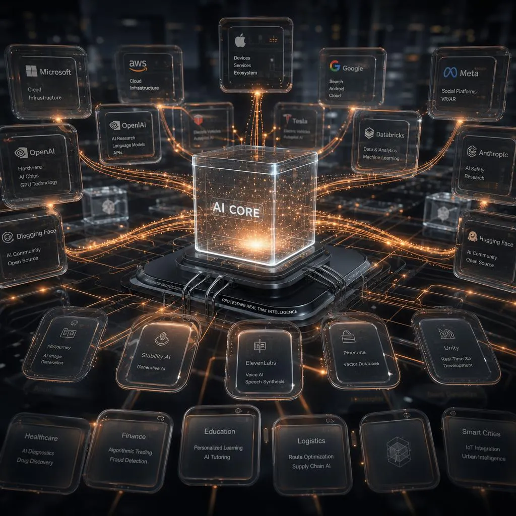 Central AI core observing an interconnected ecosystem of technology platforms and industries