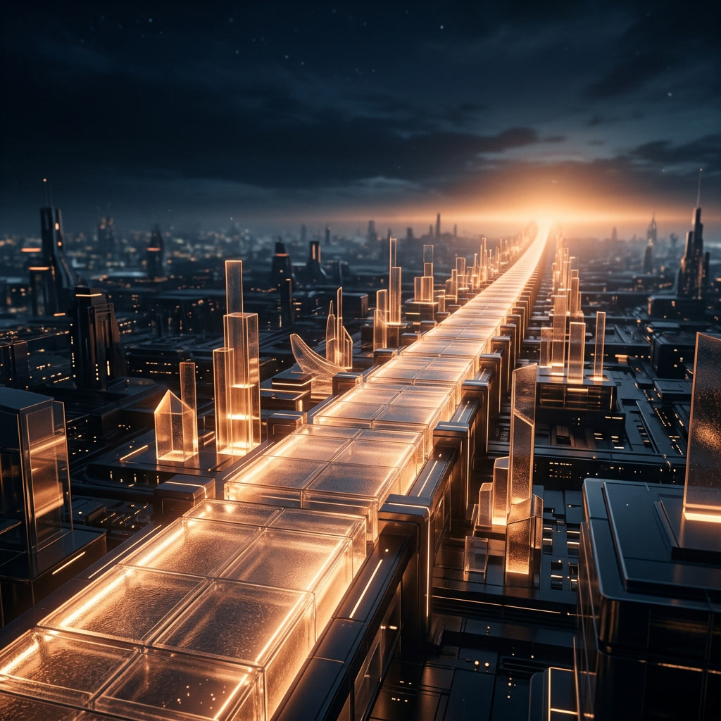 Monumental illuminated pathway of translucent glass structures extending toward the horizon