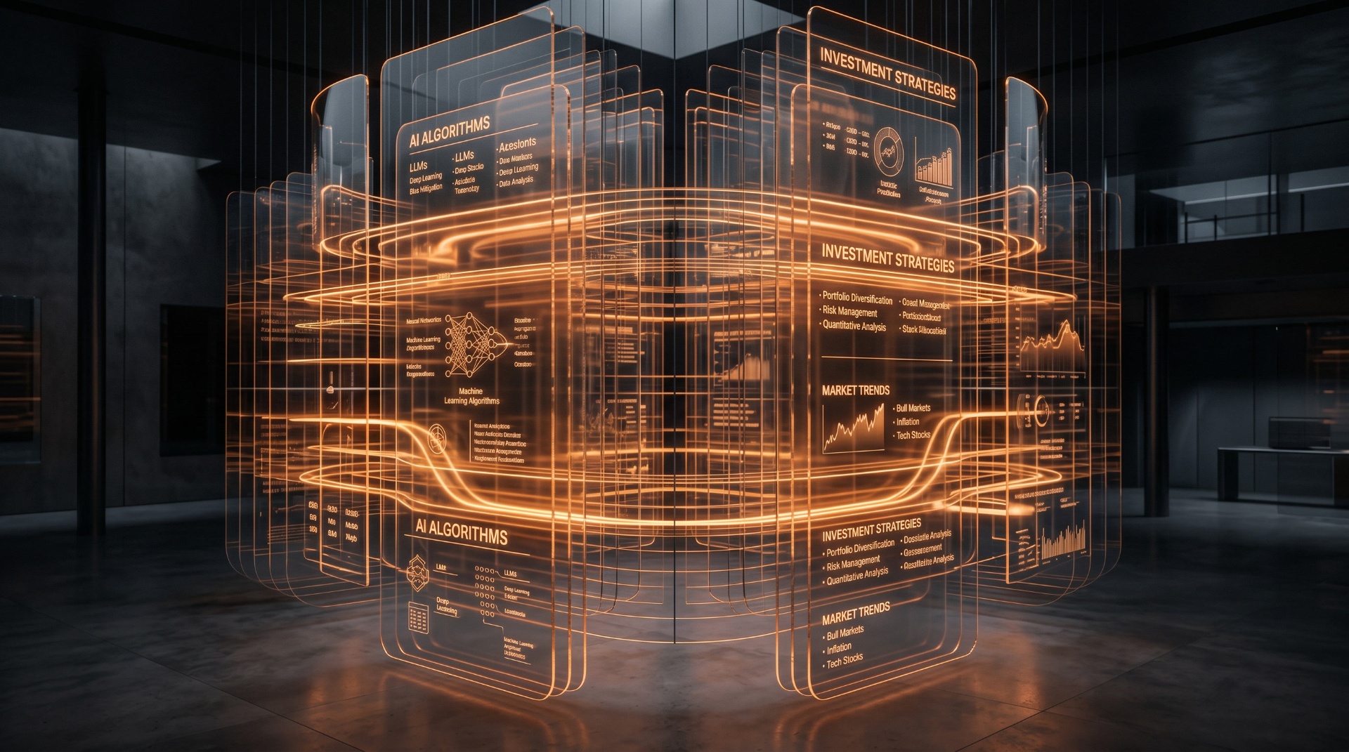 Layered translucent glass panels visualizing AI investment intelligence