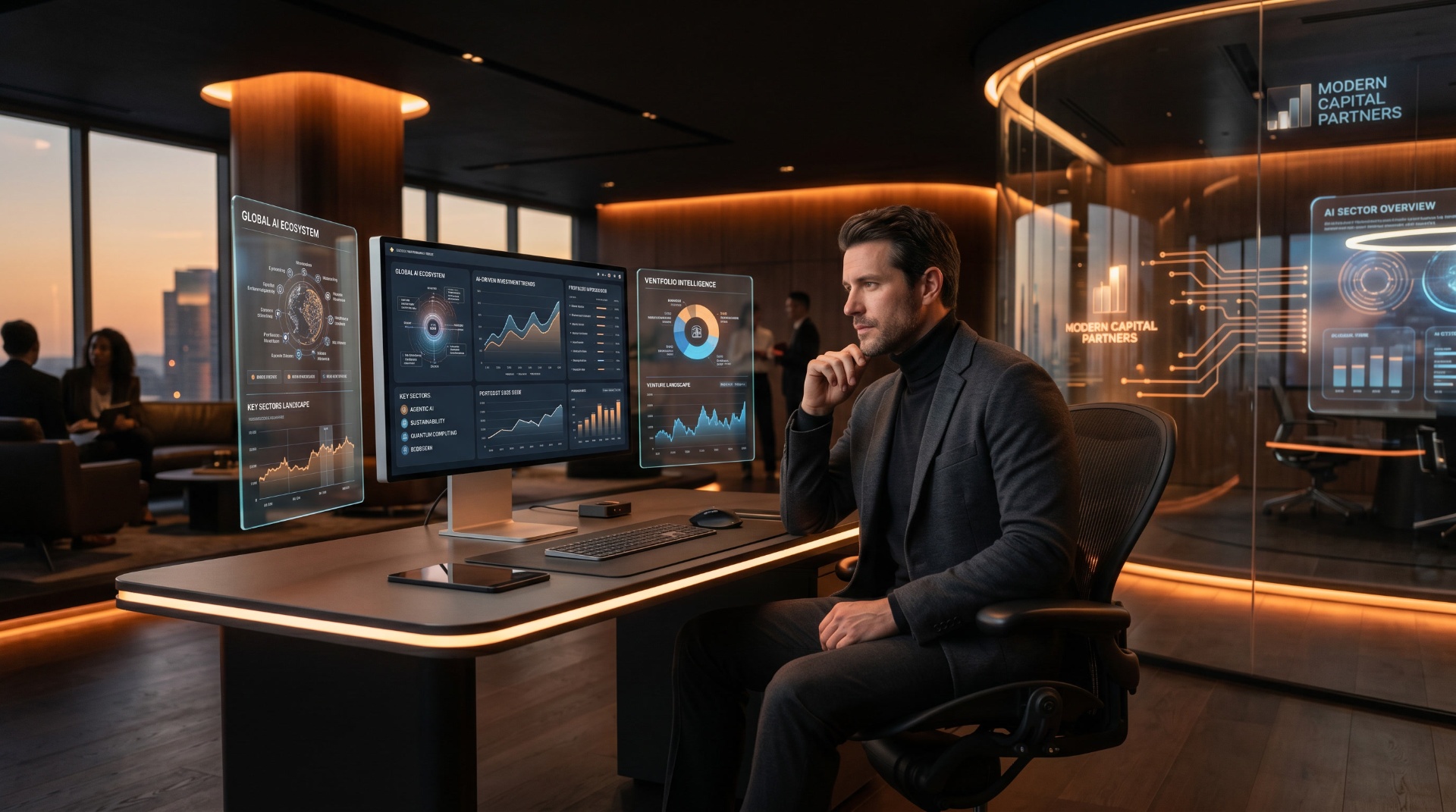 Professional reviewing AI investment dashboards in a futuristic workspace